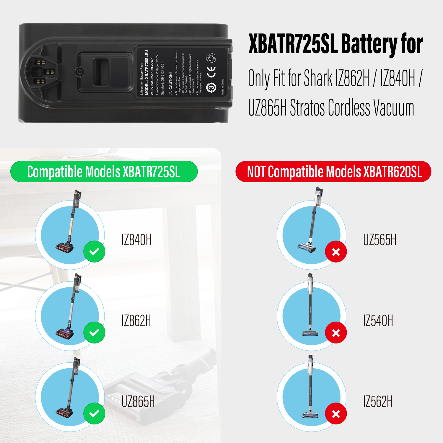 Sweeper Vacuum Cleaner XBATR725SLEU Battery for Shark IZ862H IZ840H UZ865H 25.2V 2350mAh