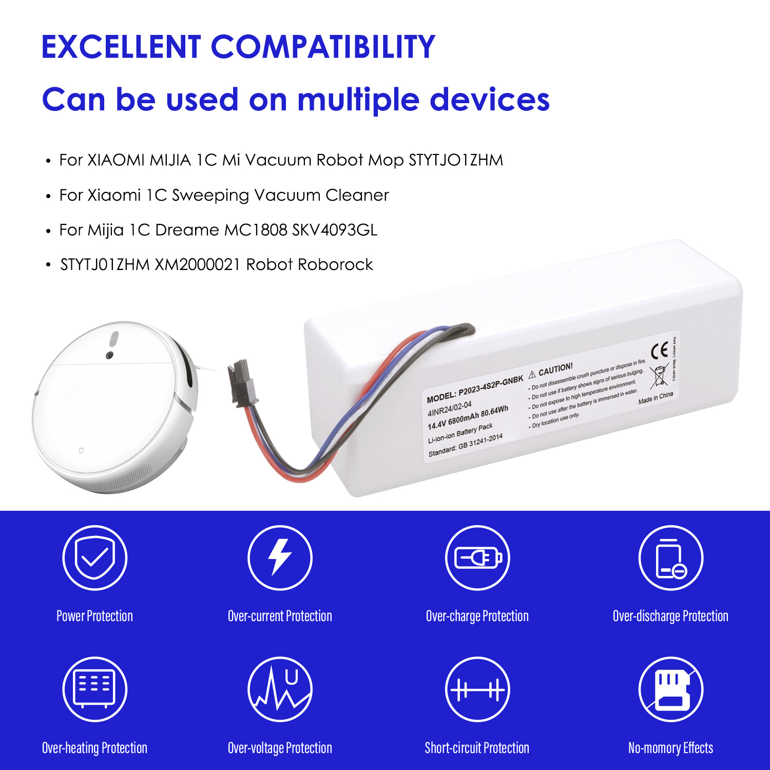 14.4V 6800mAh Replacement Lithium Battery For XIAOMI MIJIA 1C MC1808 SKV4093GL STYTJ01ZHM XM2000021 Robot Vacuum Cleaner Battery