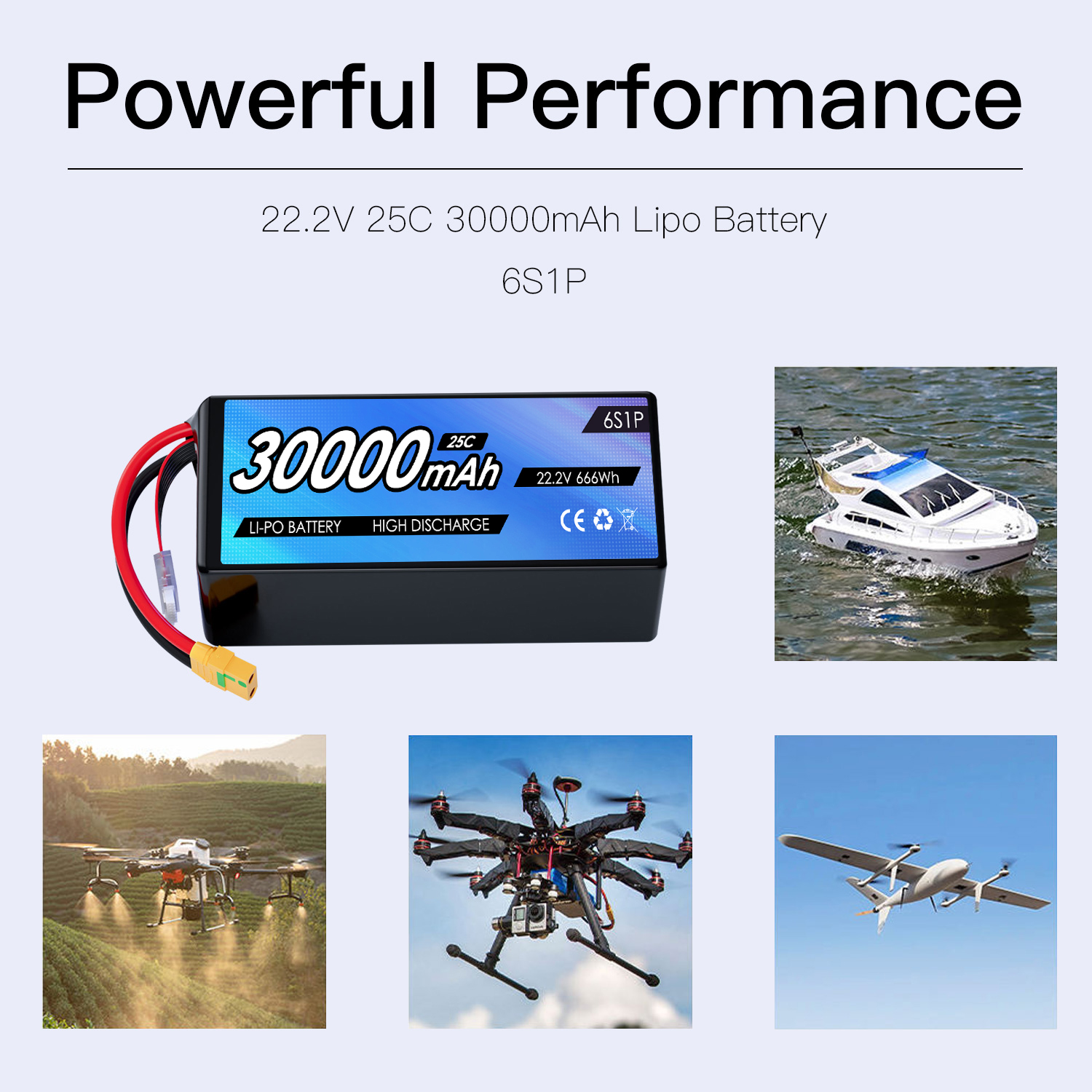 22.2V 30000mAh Lipo Drone 6S 25C Drone UAV Batteries for FPV Drone UAV Airplane Aircraft RC Quadcopter Airplane Helicopter