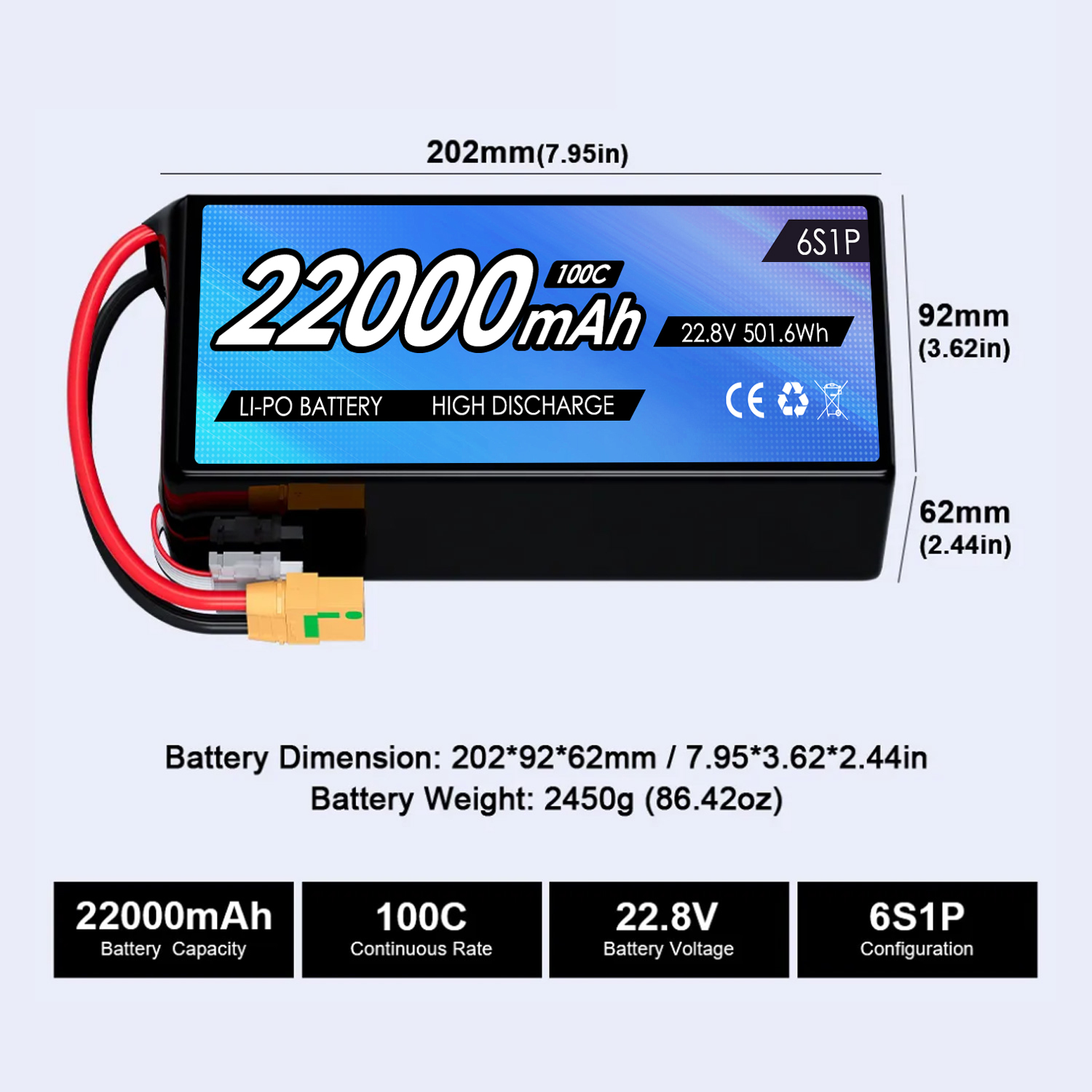 High Capacity 22.8V 22000mAh RC FPV Drone Battery HV 100C 6S Llipo Drone Lithium Battery for FPV UAV Aircraft Extreme Condition