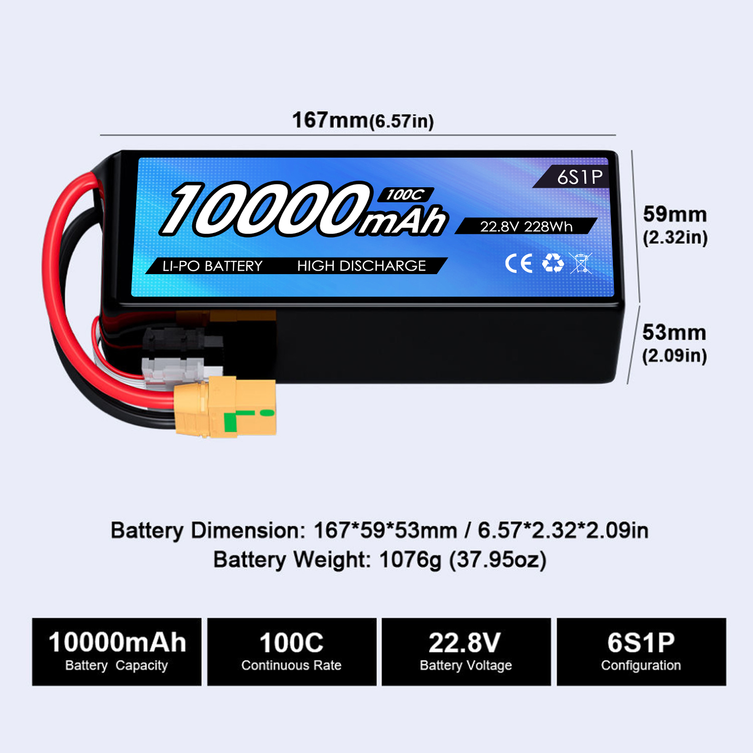 High Performance 22.8V 10000mAh FPV HV Drone Li-polymer Battery Pack 6S 100C for Professional Drones Aircraft UAV