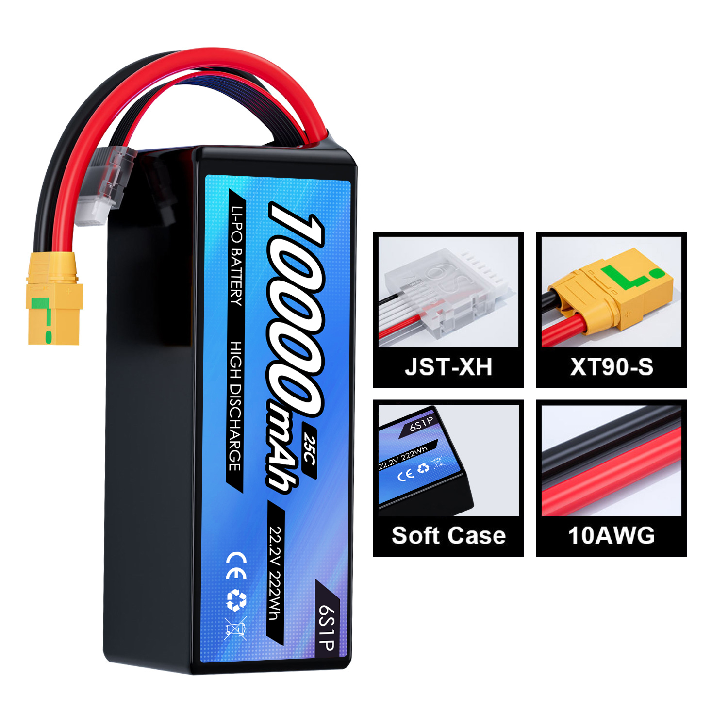 22.2V 10000mah Lipo RC Drone Battery 6S 25C Lipo Battery with Drone Soft case XT90 Connector for FPV UAV Aircraft