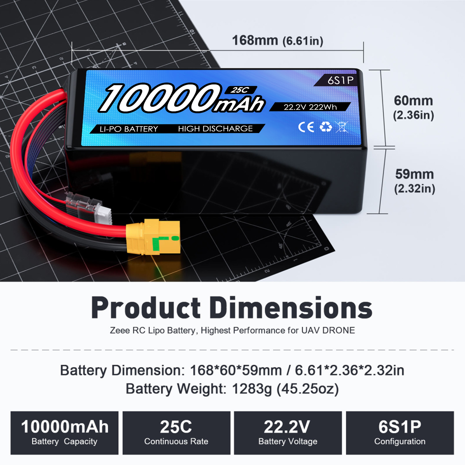 22.2V 10000mah Lipo RC Drone Battery 6S 25C Lipo Battery with Drone Soft case XT90 Connector for FPV UAV Aircraft